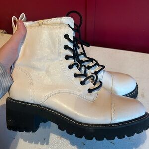 Ankle Combat White Leather Boots Lane Bryant